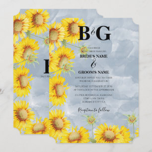 Invitation Dusty Blue Watercolor Sunflowers Monogram Mariage