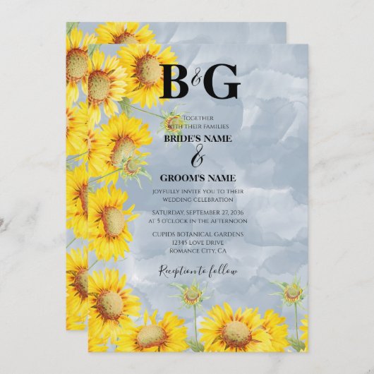 Invitation Dusty Blue Watercolor Sunflowers Monogram Mariage (Devant / Derrière)