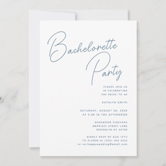 Invitation Dusty Blue Whimsical Script Bachelorette Party (Devant)