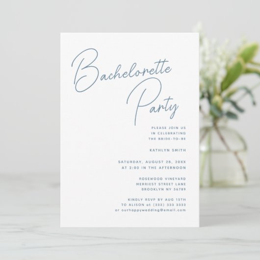 Invitation Dusty Blue Whimsical Script Bachelorette Party (Debout devant)