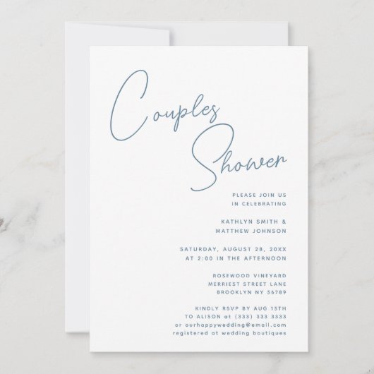 Invitation Dusty Blue Whimsical Script Chic Couples Douche (Devant)