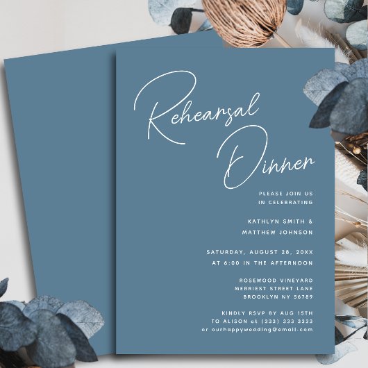 Invitation Dusty Blue Whimsical Script Chic Dîner De Répétiti