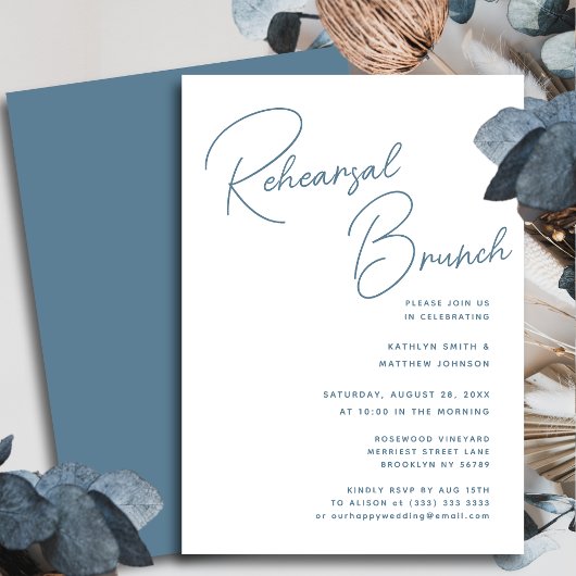 Invitation Dusty Blue Whimsical Script Chic Rehearsal Brunch