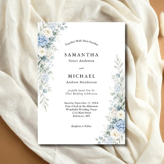 Invitation Dusty Blue White Cream Florals Wedding