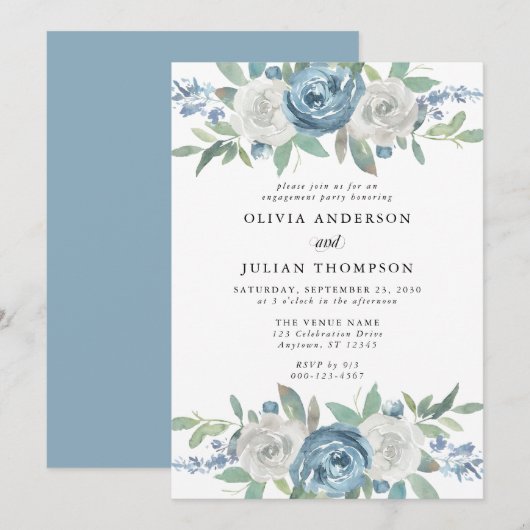 Invitation Dusty Blue & White Floral Engagement Party (Devant / Derrière)