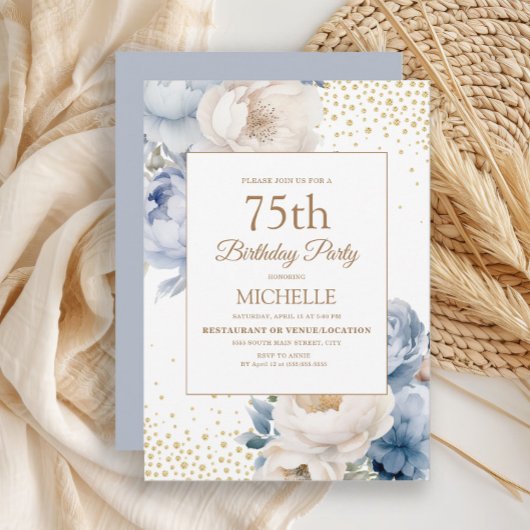 Invitation Dusty Blue White Floral Gold Parties scintillant 7