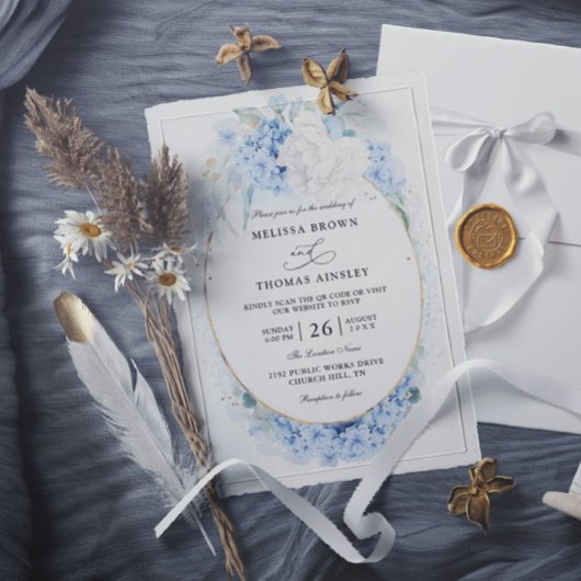 Invitation Dusty Blue White Flowers Budget QR Code Wedding