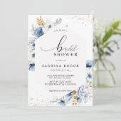 Invitation Dusty Blue White Gold Fête des mariées florale (Debout devant)