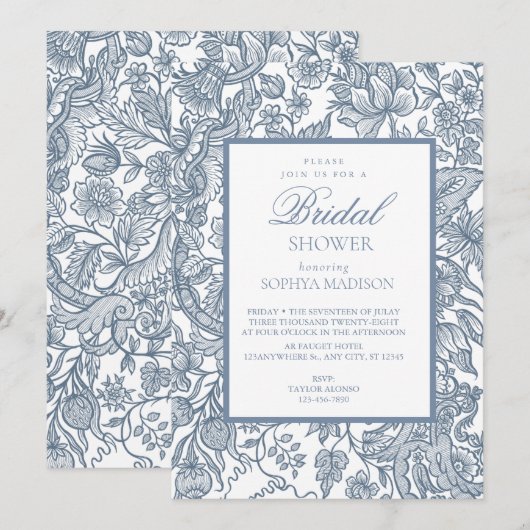 Invitation Dusty Blue & White Line Art Fleur sauvage Floral (Devant / Derrière)