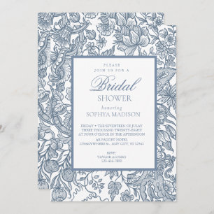 Invitation Dusty Blue & White Line Art Fleur sauvage Floral
