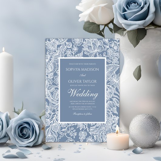 Invitation Dusty Blue White Line Art Floral Botanique