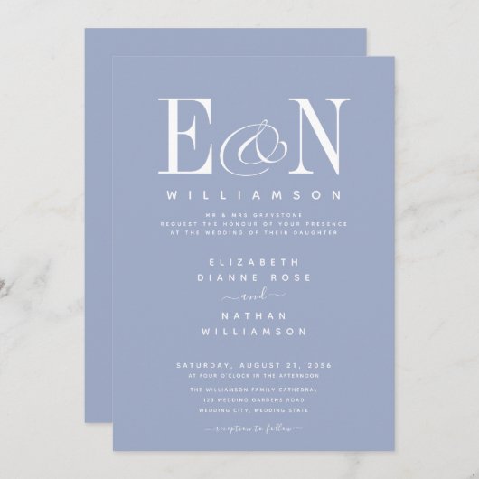 Invitation Dusty Blue & White Mariage élégant (Devant / Derrière)