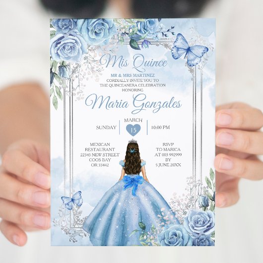 Invitation Dusty Blue & White Mis Quince 15 Anos Argent Crown