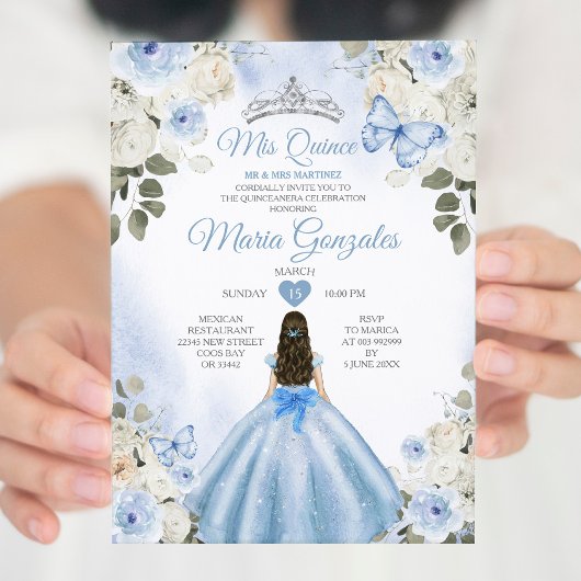 Invitation Dusty Blue & White Mis Quince 15 Anos Argent Crown