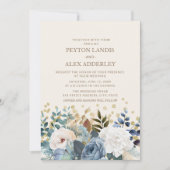 Invitation Dusty Blue White Peonies Rose Floral Gold Mariage (Devant)