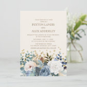Invitation Dusty Blue White Peonies Rose Floral Gold Mariage (Debout devant)
