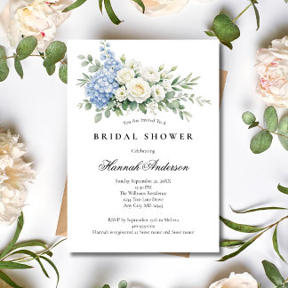 Invitation Dusty Blue White Rose Floral Elegant Bridal Shower