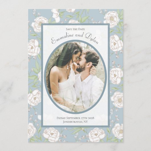 Invitation Dusty Blue White Rose Wedding Photo Save the Date (Devant)