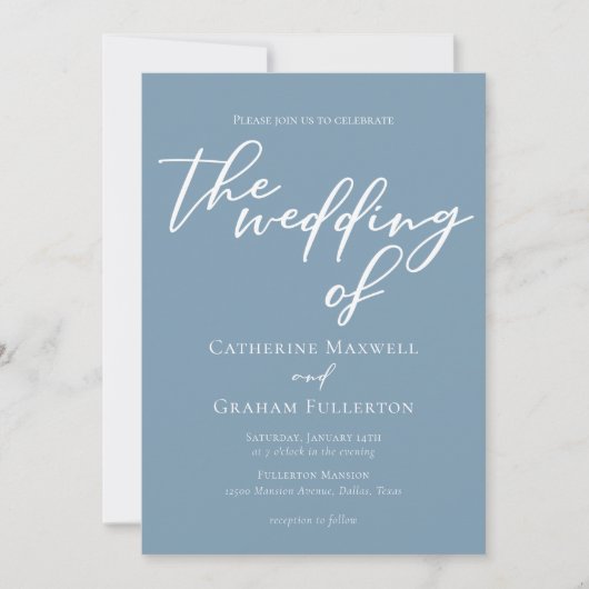 Invitation Dusty Blue White Script Mariage côtier été (Devant)