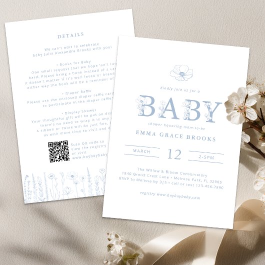 Invitation Dusty Blue Wildflower Baby Shower All-in-One