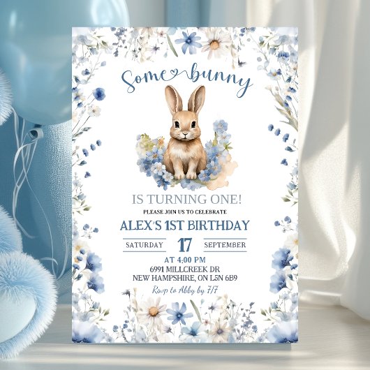 Invitation Dusty Blue Wildflower Bunny 1st Birthday