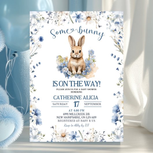 Invitation Dusty Blue Wildflower Bunny baby shower
