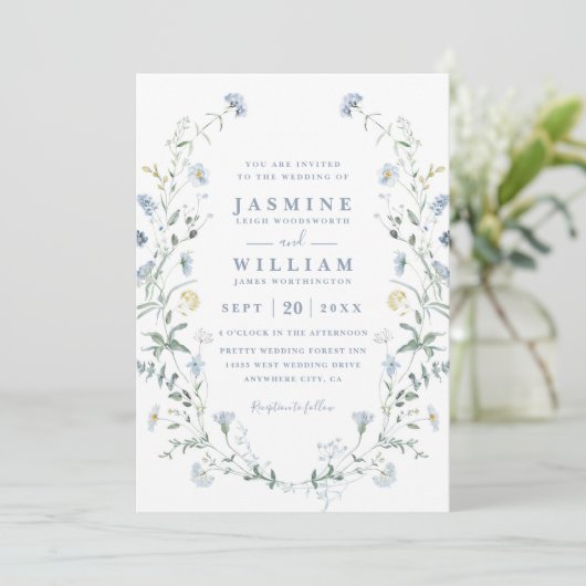 Invitation Dusty Blue Wildflower Rustic Boho QR Code Wedding (Debout devant)