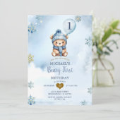 Invitation Dusty Blue Winter Beary Premier Anniversaire Snowf (Debout devant)