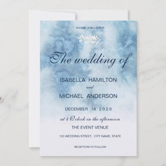 Invitation Dusty Blue Winter Script Calligraphie White Branch (Devant)