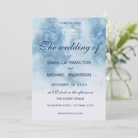Invitation Dusty Blue Winter Script Calligraphie White Branch (Debout devant)