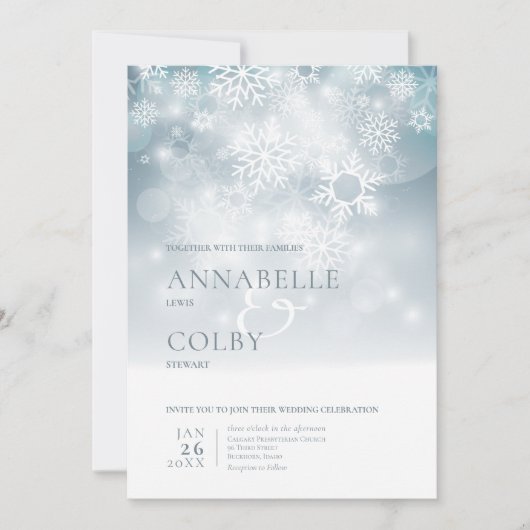 Invitation Dusty Blue Winter Snow Modern Wedding (Devant)
