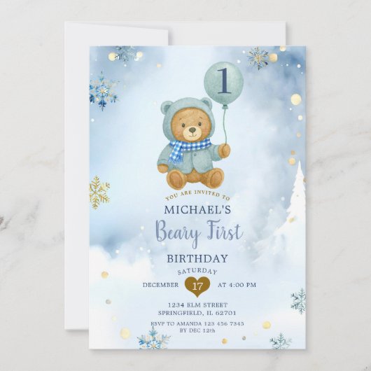 Invitation Dusty Blue Winter Snowflake Beary Premier annivers (Devant)