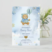 Invitation Dusty Blue Winter Snowflake Beary Premier annivers (Debout devant)