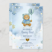 Invitation Dusty Blue Winter Snowflake Beary Premier annivers (Devant / Derrière)
