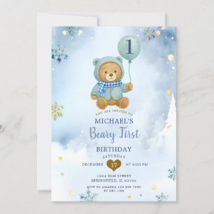 Invitation Dusty Blue Winter Snowflake Beary Premier annivers