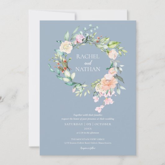 Invitation Dusty Blue Woodland Rose verdure Mariage fleuri (Devant)