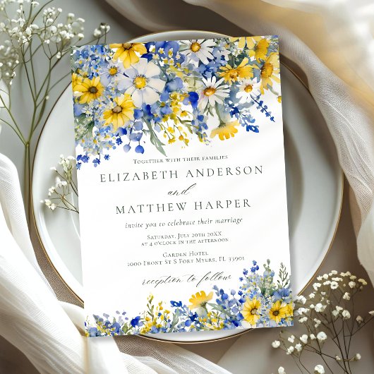 Invitation Dusty Blue Yellow Daisy Wildflowers Boho Wedding