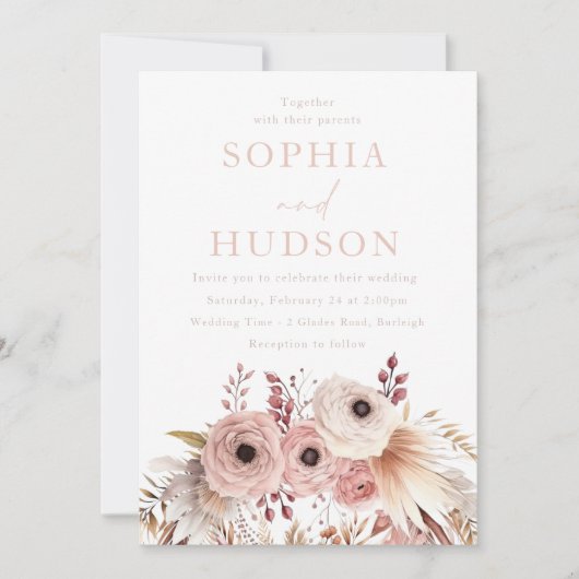 Invitation Dusty Blush Boho Floral Pampas Mariage (Devant)