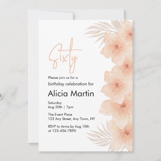 Invitation Dusty Blush Flower Brown Palm Leaf Anniversaire (Devant)