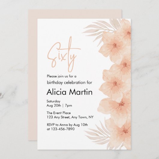 Invitation Dusty Blush Flower Brown Palm Leaf Anniversaire (Devant / Derrière)