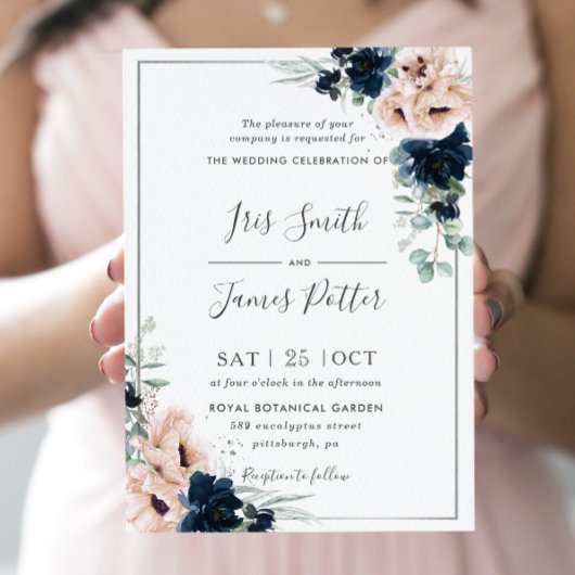 Invitation Dusty Blush Poppy Navy Floral Greenery Mariage