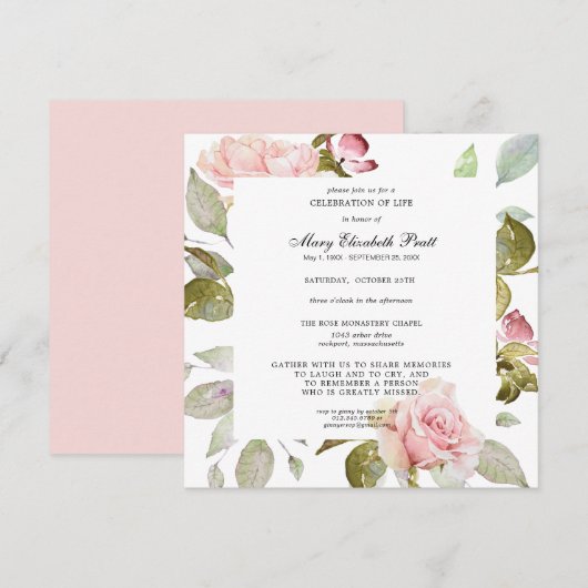 Invitation Dusty Blush rose Floral Célébration de la vie Invi (Devant / Derrière)