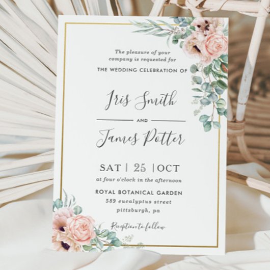 Invitation Dusty Blush Rose Poppy Floral Greenery Mariage