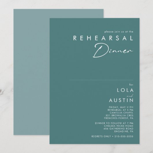 Invitation Dusty Boho | Dîner de répétition vert et bleu (Devant / Derrière)