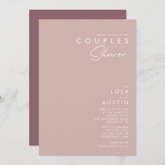 Invitation Dusty Boho | Douche Couples Roses et violets (Devant / Derrière)