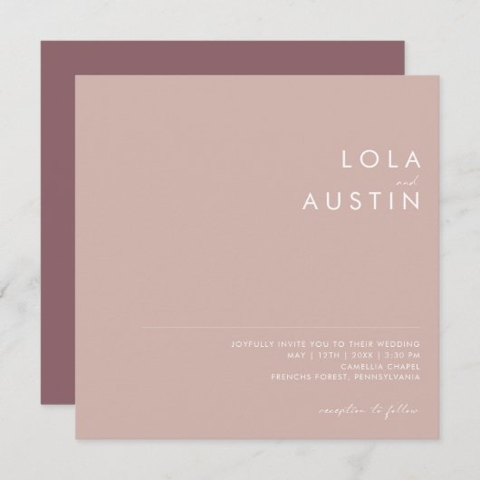 Invitation Dusty Boho | Rose et Mariage Carré violet (Devant / Derrière)