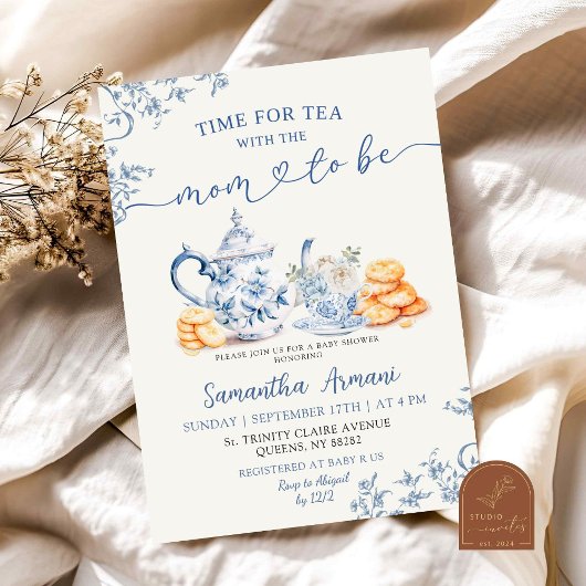 Invitation Dusty Bue Chinoiserie Baby shower Tea Party