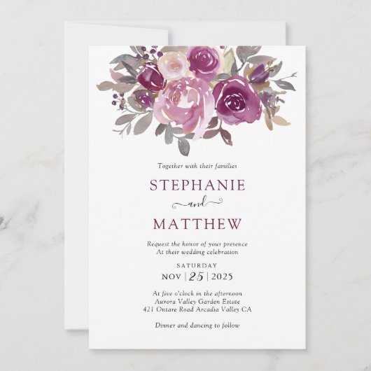 Invitation Dusty Burgundy Blush Mariage botanique (Devant)