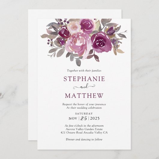 Invitation Dusty Burgundy Blush Mariage botanique (Devant / Derrière)