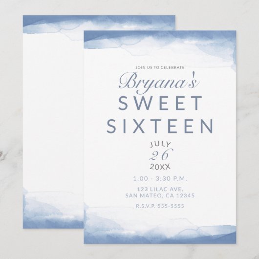 Invitation Dusty Cornflower Blue Aquarelle moderne Sweet 16 (Devant / Derrière)